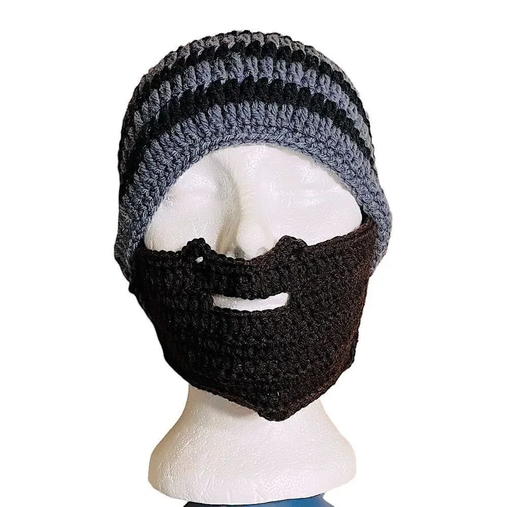 Grey and Black Striped Knitted Balaclava Beanie hat with brown face guard